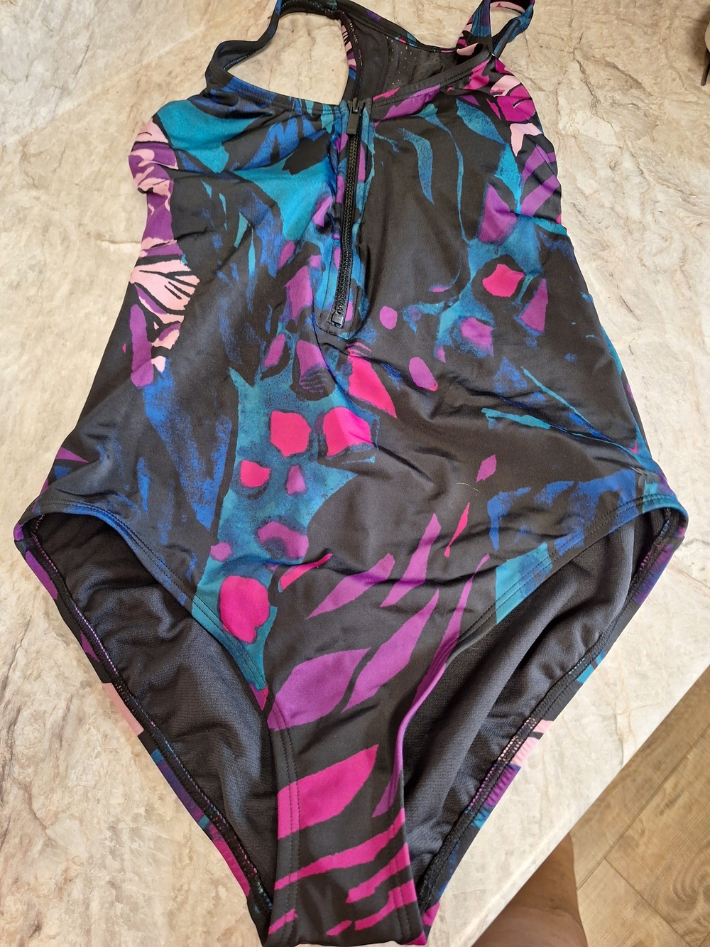 Women's Black One-Piece Swimsuit with Teal & Magenta Abstract Print